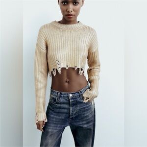 Zara gold, metallic foil, distressed cropped sweater NWOT